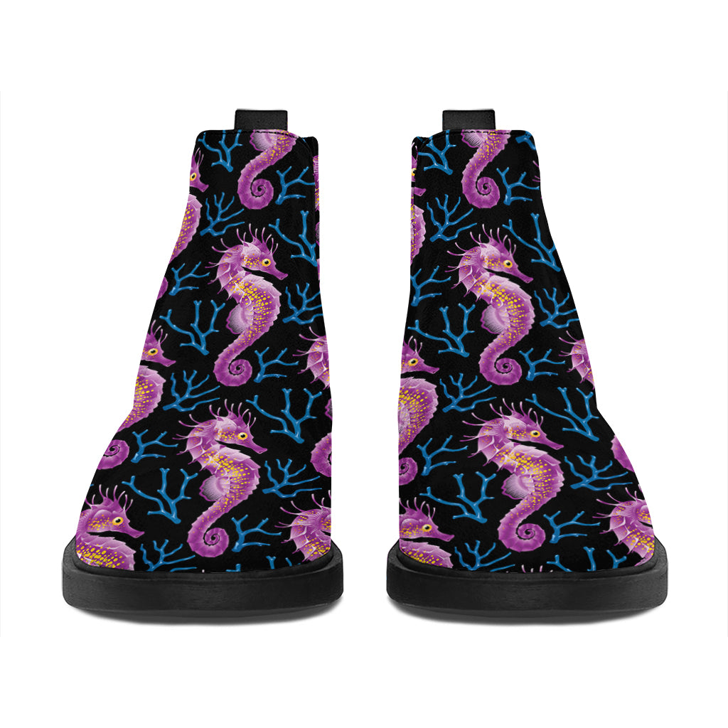 Purple Seahorse Pattern Print Flat Ankle Boots