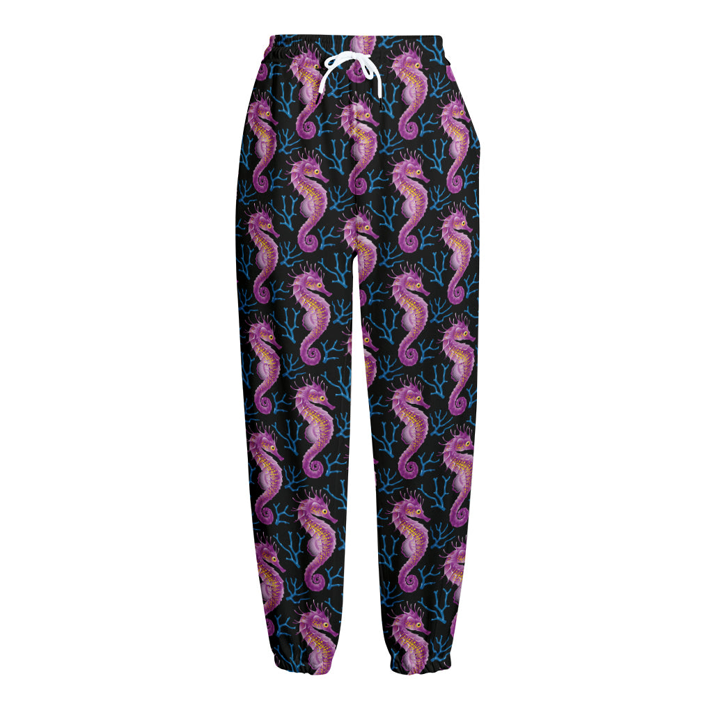 Purple Seahorse Pattern Print Fleece Lined Knit Pants