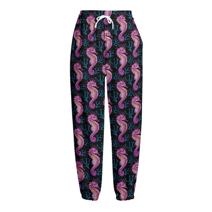 Purple Seahorse Pattern Print Fleece Lined Knit Pants