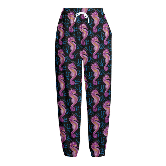 Purple Seahorse Pattern Print Fleece Lined Knit Pants