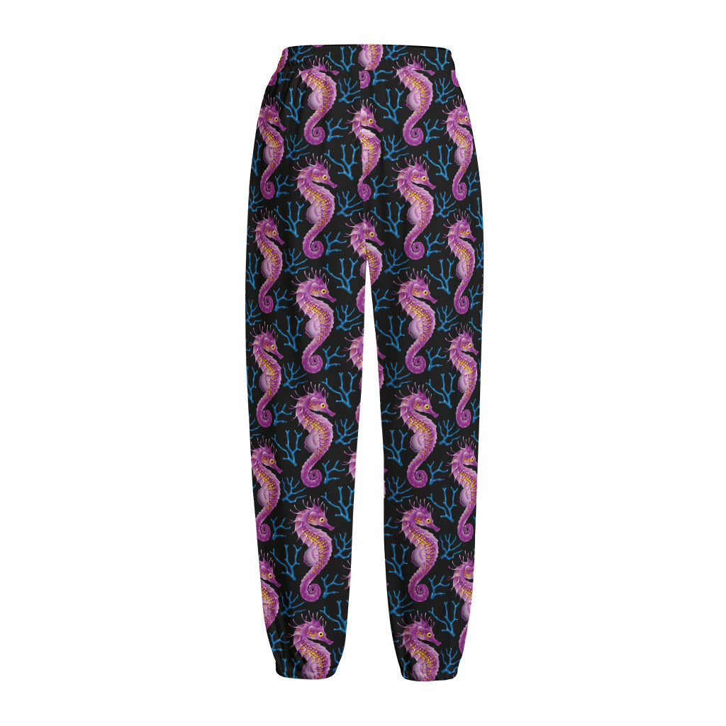 Purple Seahorse Pattern Print Fleece Lined Knit Pants