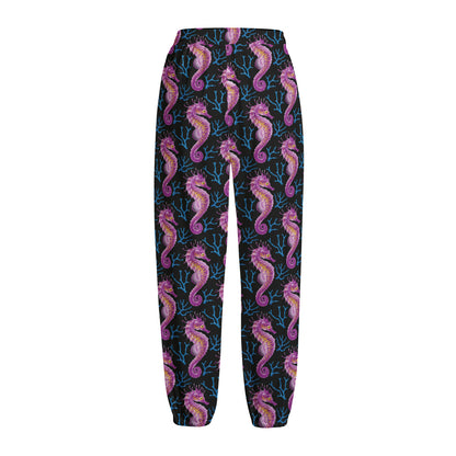 Purple Seahorse Pattern Print Fleece Lined Knit Pants