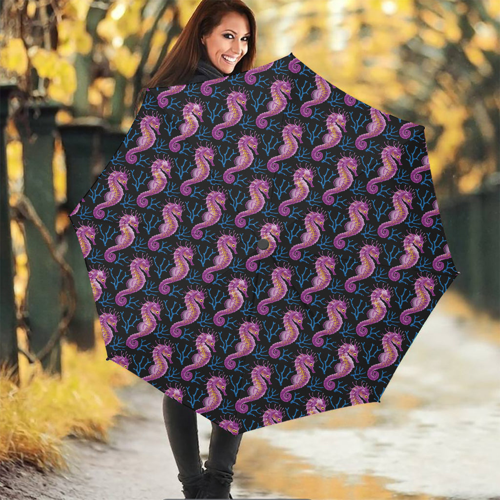 Purple Seahorse Pattern Print Foldable Umbrella