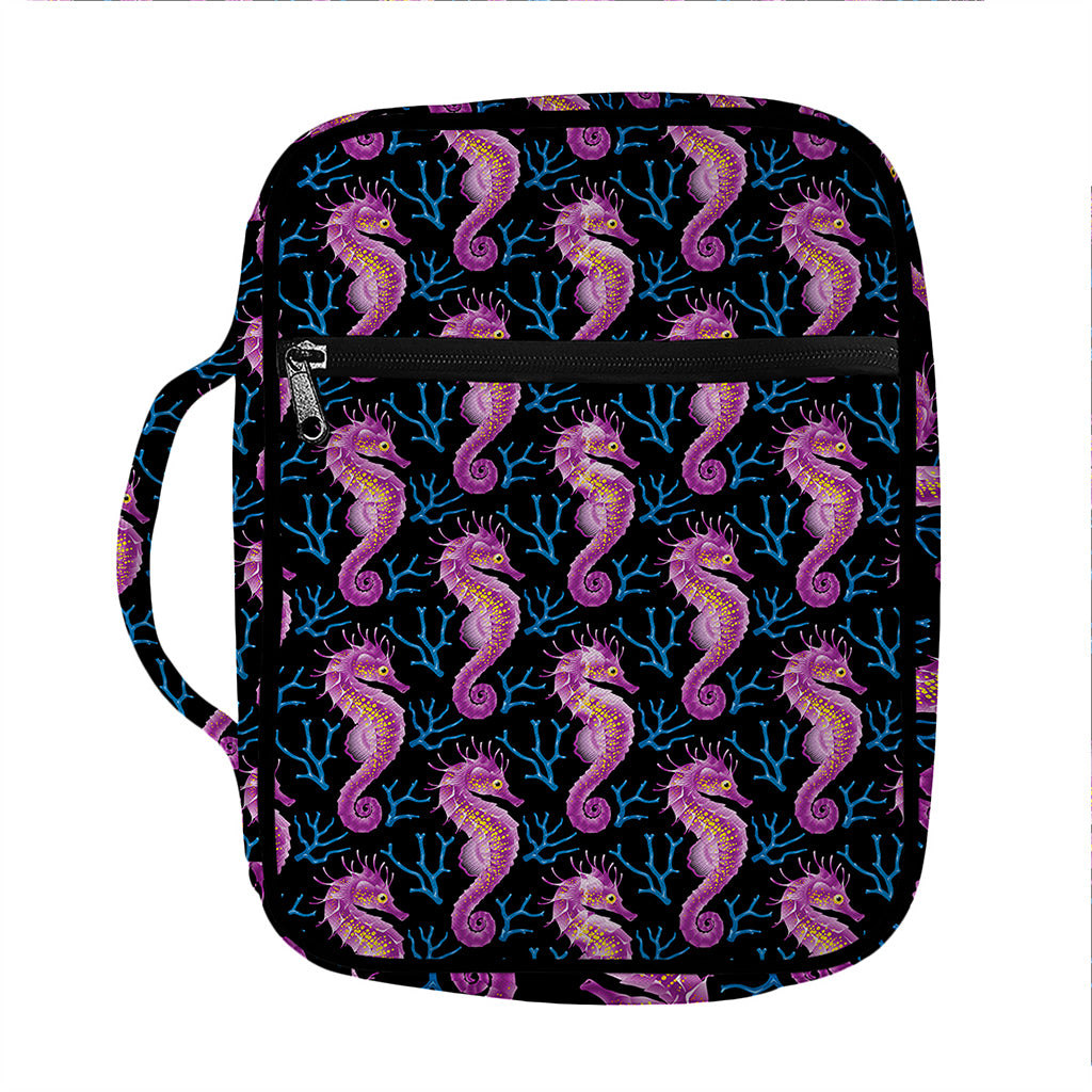 Purple Seahorse Pattern Print Front Pocket Bible Bag