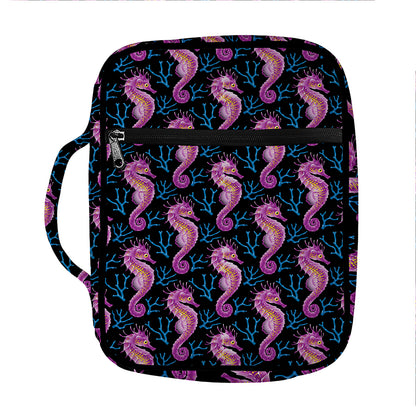 Purple Seahorse Pattern Print Front Pocket Bible Bag