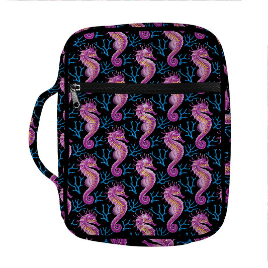Purple Seahorse Pattern Print Front Pocket Bible Bag
