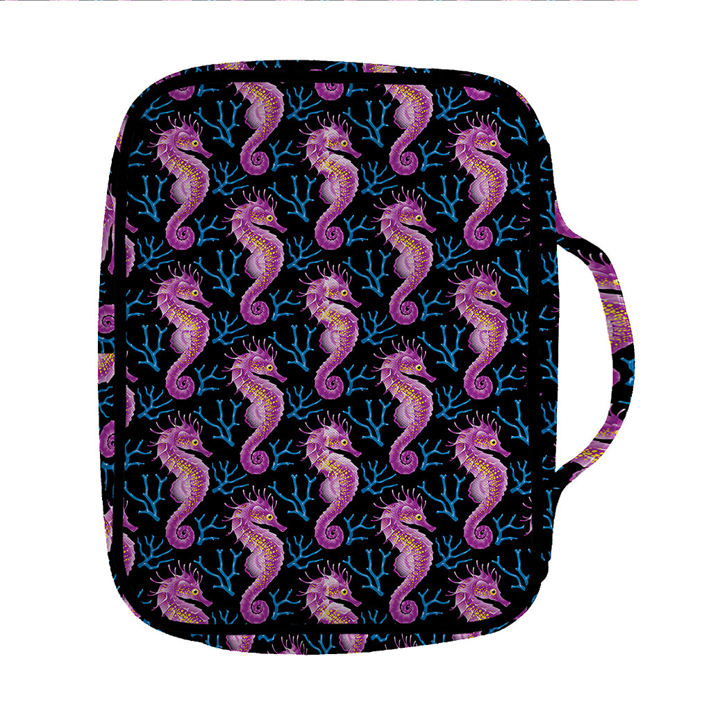 Purple Seahorse Pattern Print Front Pocket Bible Bag