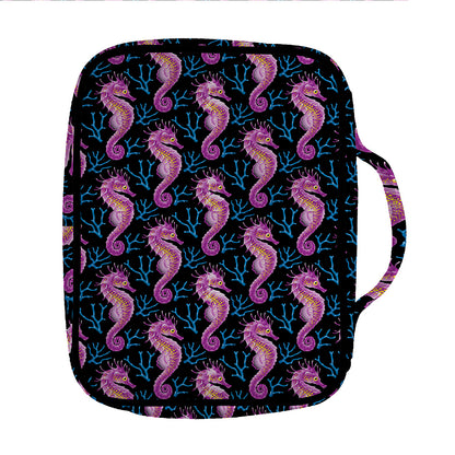 Purple Seahorse Pattern Print Front Pocket Bible Bag