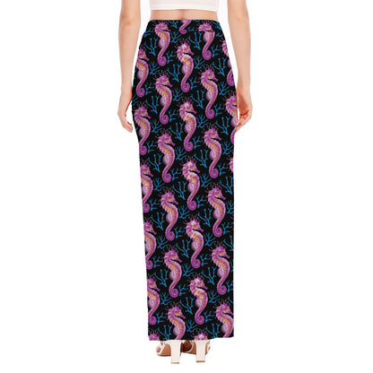 Purple Seahorse Pattern Print High Slit Maxi Skirt