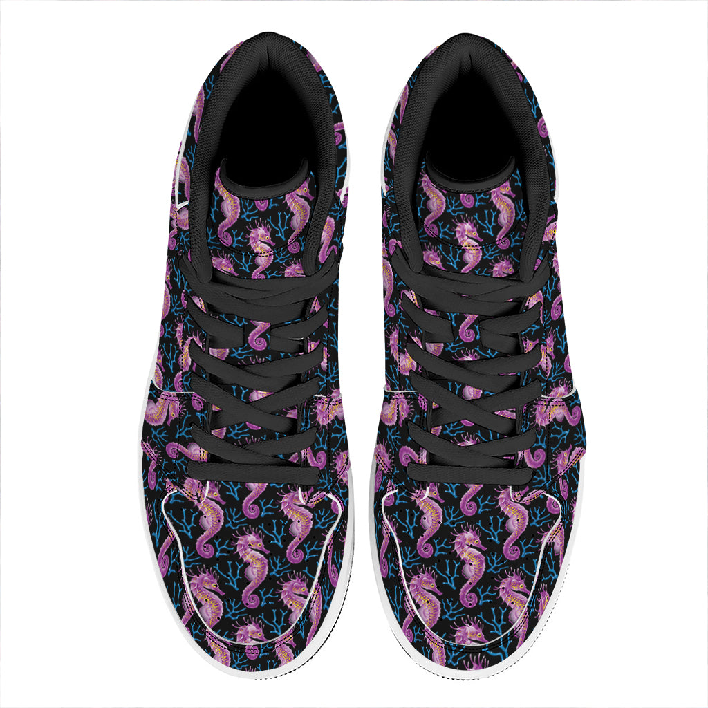 Purple Seahorse Pattern Print High Top Leather Sneakers