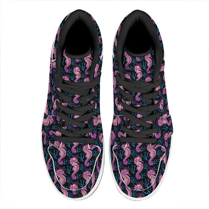 Purple Seahorse Pattern Print High Top Leather Sneakers