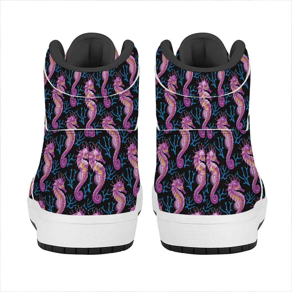 Purple Seahorse Pattern Print High Top Leather Sneakers