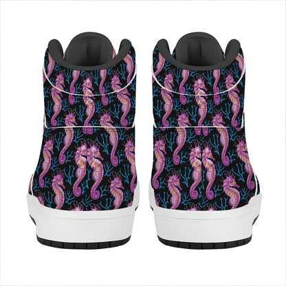 Purple Seahorse Pattern Print High Top Leather Sneakers
