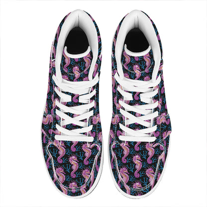 Purple Seahorse Pattern Print High Top Leather Sneakers