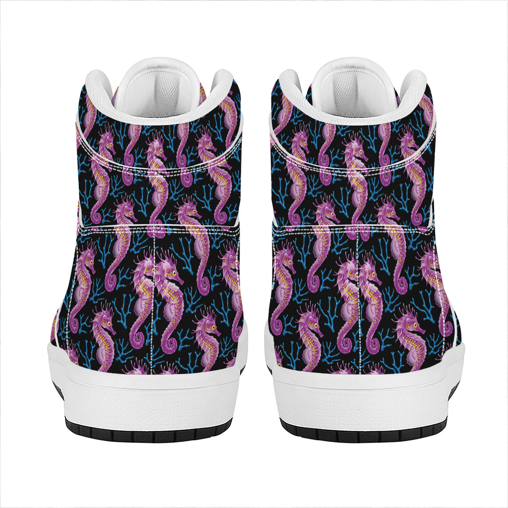 Purple Seahorse Pattern Print High Top Leather Sneakers