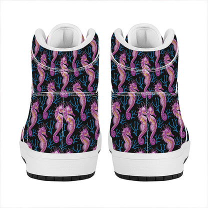Purple Seahorse Pattern Print High Top Leather Sneakers