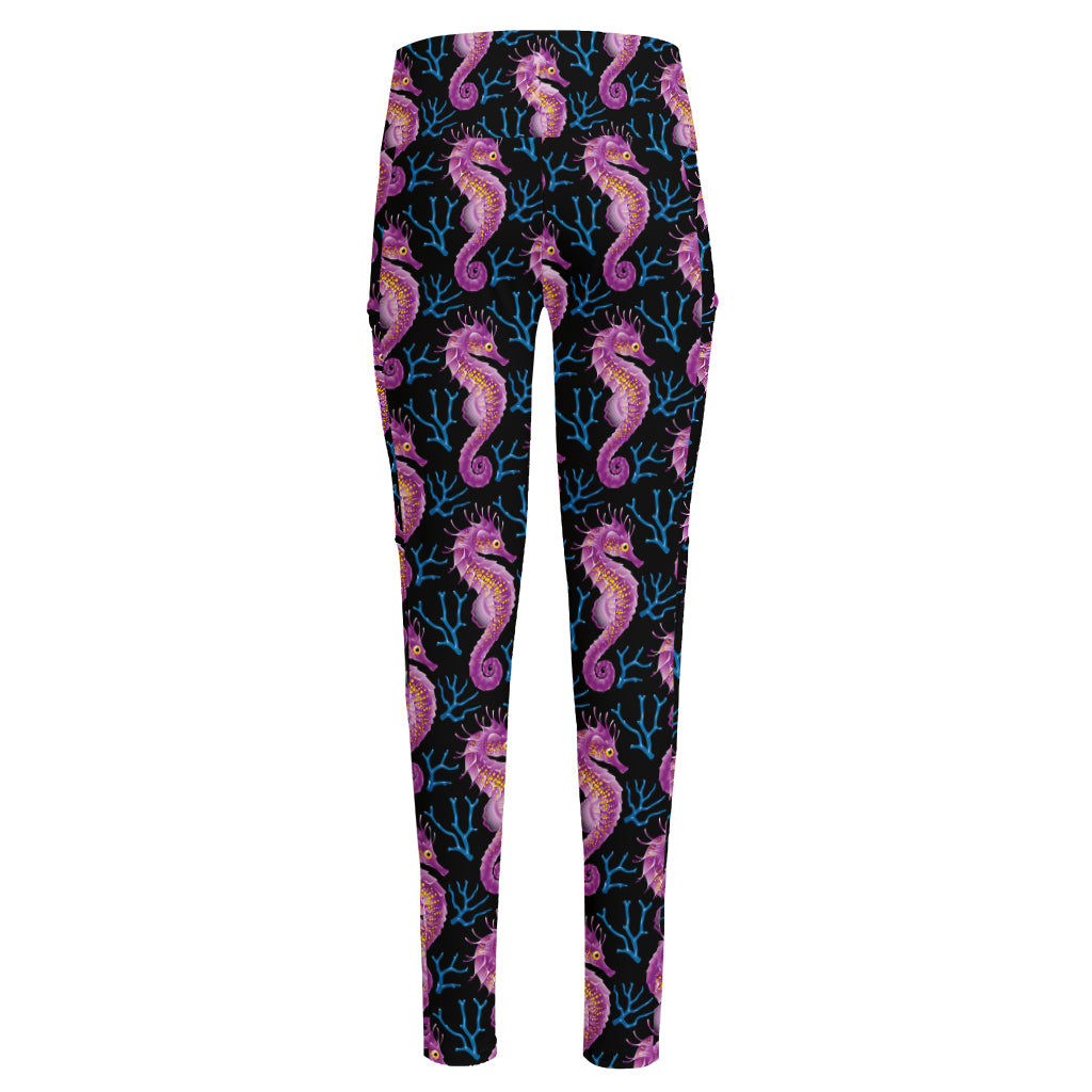 Purple Seahorse Pattern Print High-Waisted Pocket Leggings