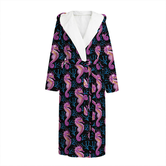 Purple Seahorse Pattern Print Hooded Bathrobe