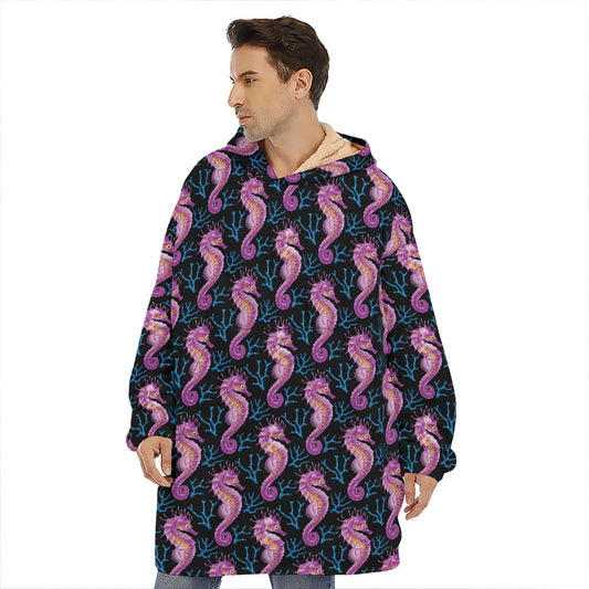 Purple Seahorse Pattern Print Hoodie Blanket