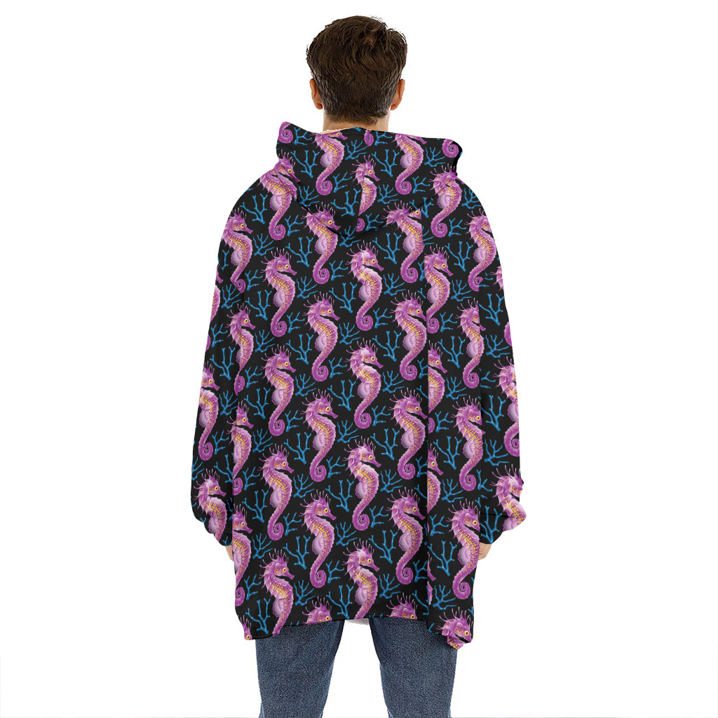 Purple Seahorse Pattern Print Hoodie Blanket