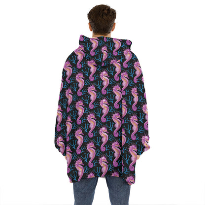 Purple Seahorse Pattern Print Hoodie Blanket