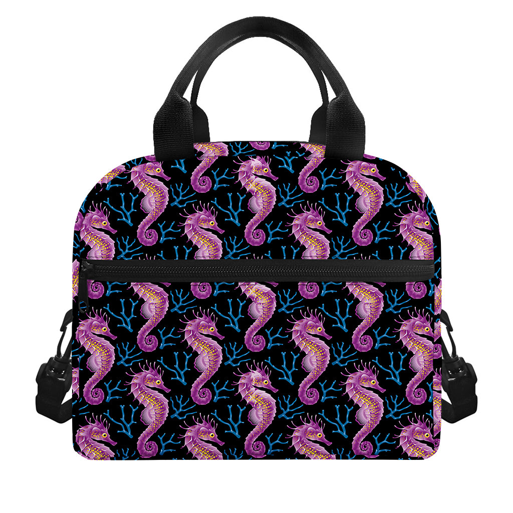 Purple Seahorse Pattern Print Insulated Lunch Bag