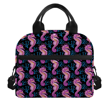 Purple Seahorse Pattern Print Insulated Lunch Bag