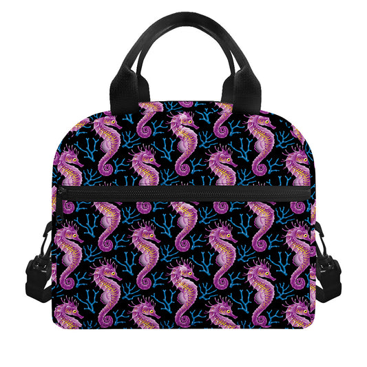 Purple Seahorse Pattern Print Insulated Lunch Bag
