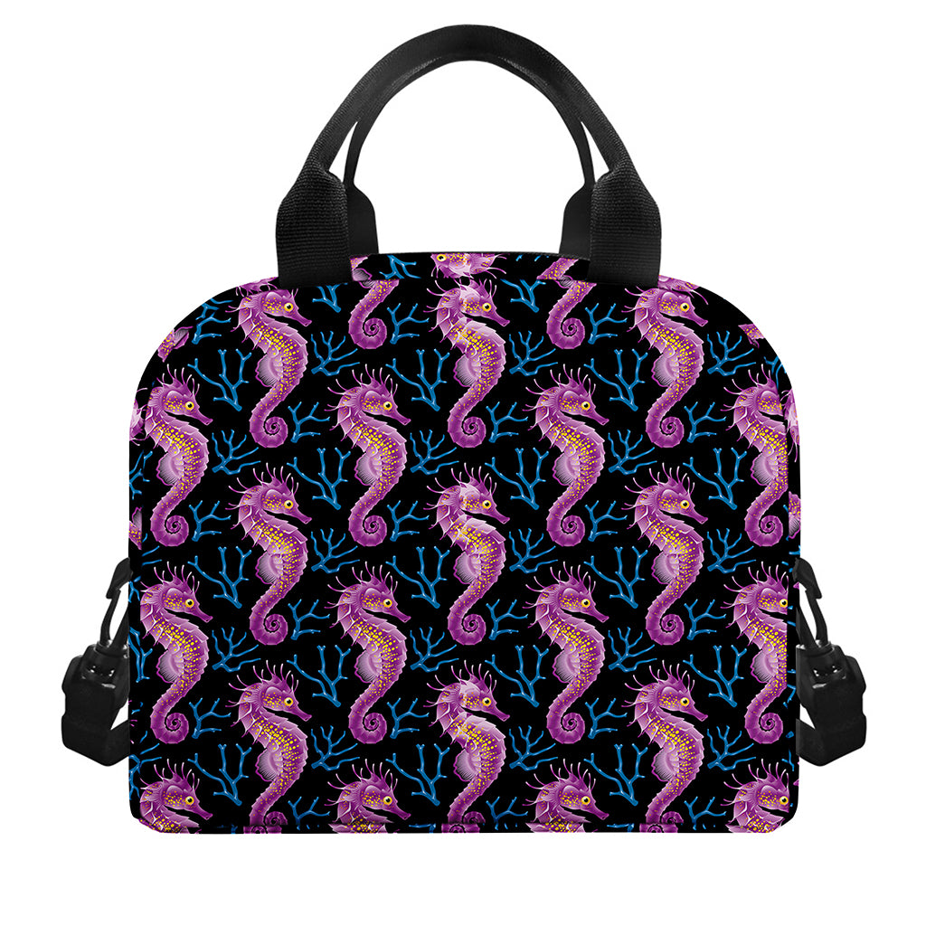 Purple Seahorse Pattern Print Insulated Lunch Bag