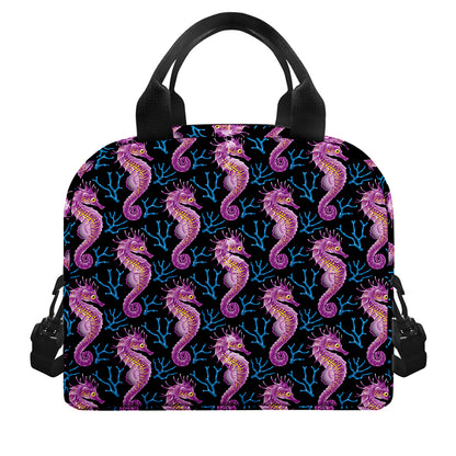 Purple Seahorse Pattern Print Insulated Lunch Bag