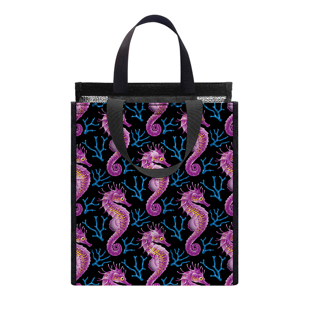 Purple Seahorse Pattern Print Insulated Lunch Tote