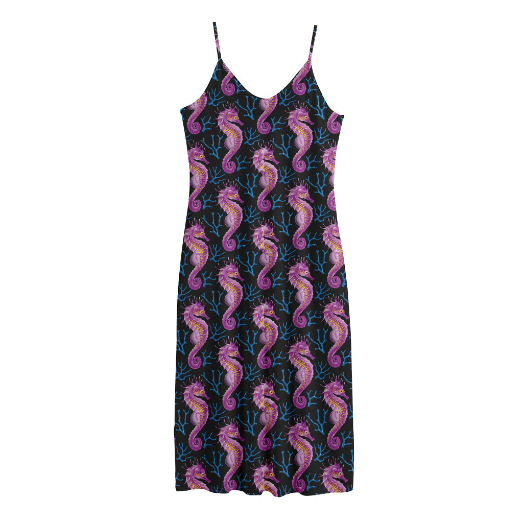 Purple Seahorse Pattern Print Jersey Midi Cami Dress
