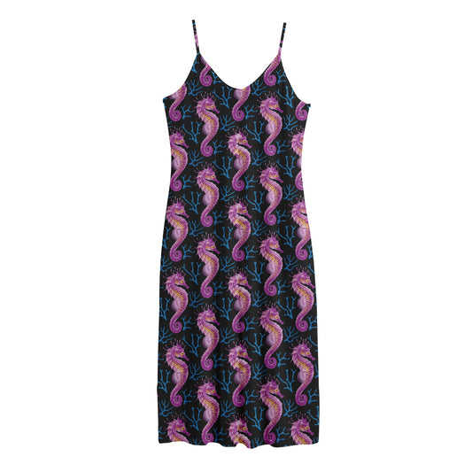 Purple Seahorse Pattern Print Jersey Midi Cami Dress