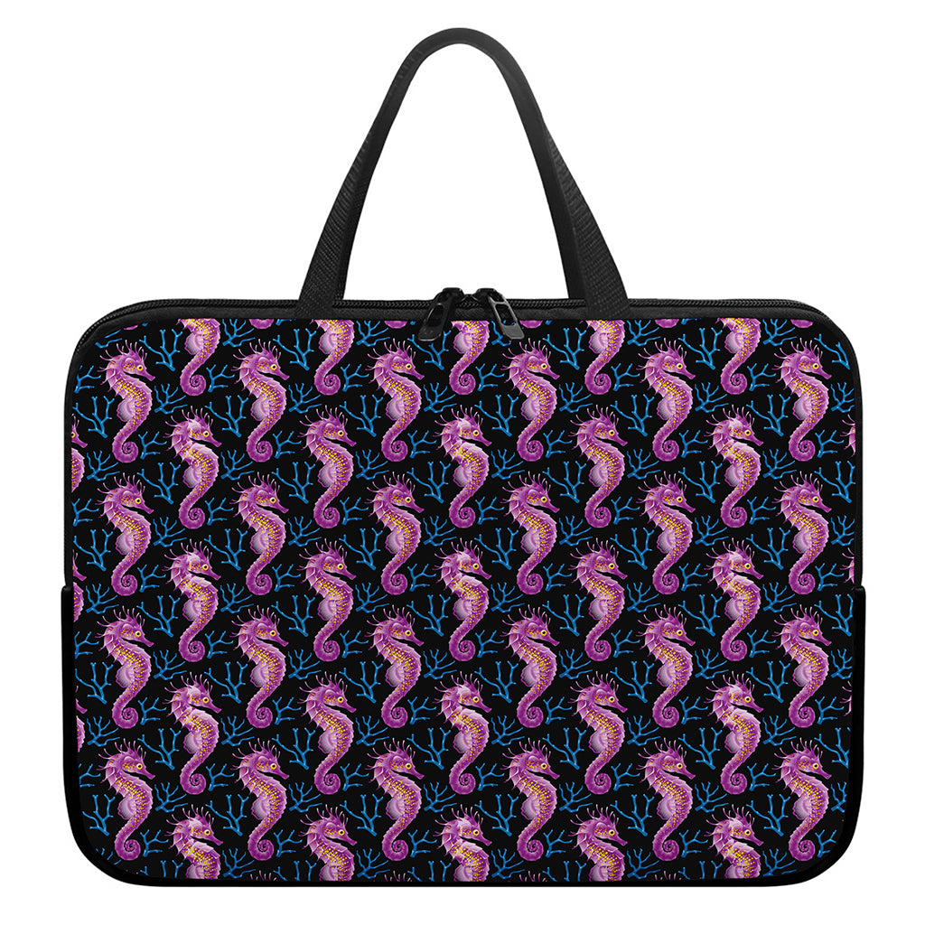 Purple Seahorse Pattern Print Laptop Sleeve With Handle