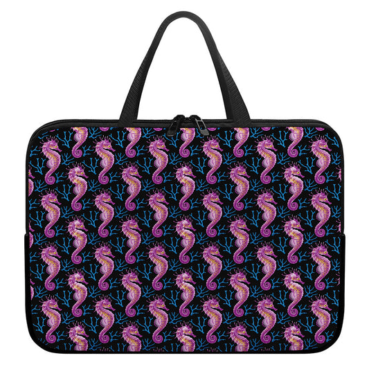 Purple Seahorse Pattern Print Laptop Sleeve With Handle