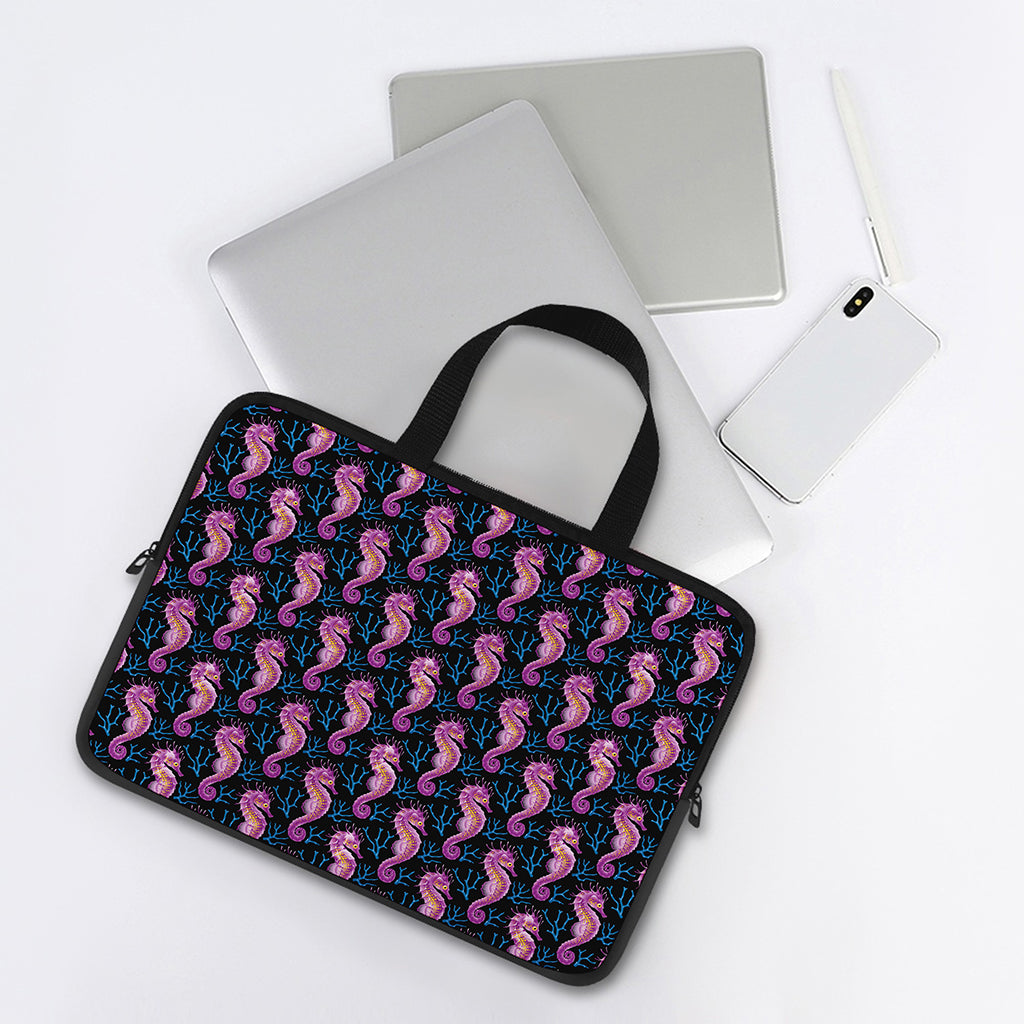 Purple Seahorse Pattern Print Laptop Sleeve With Handle