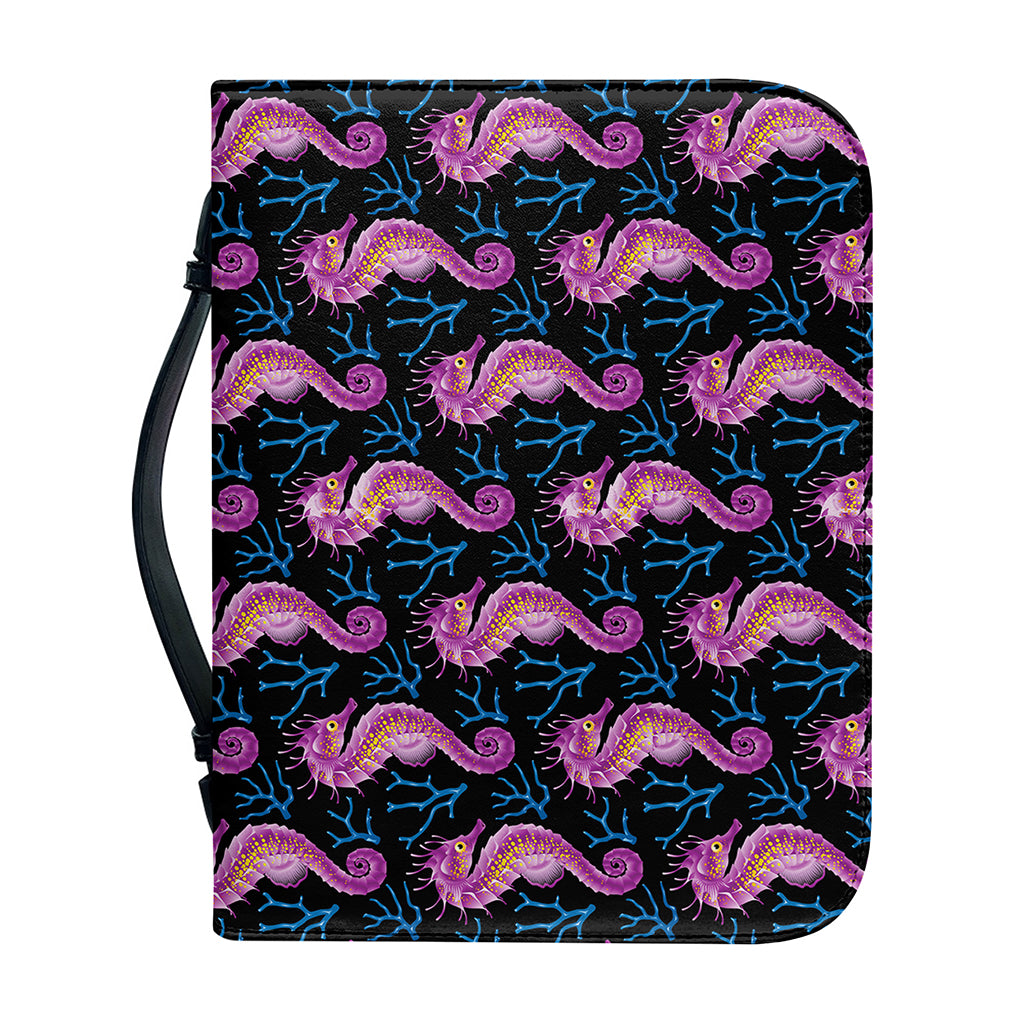 Purple Seahorse Pattern Print Leather Bible Cover