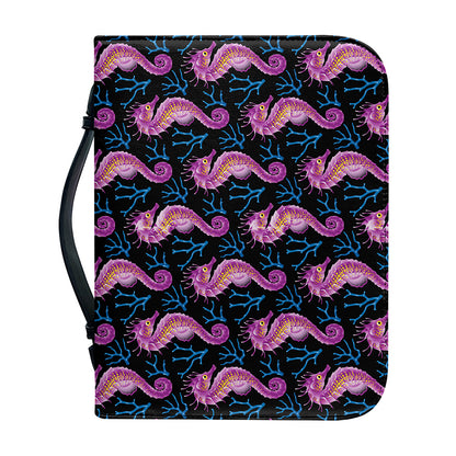 Purple Seahorse Pattern Print Leather Bible Cover