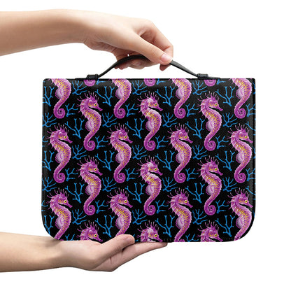 Purple Seahorse Pattern Print Leather Bible Cover