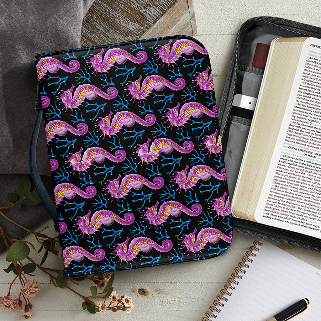 Purple Seahorse Pattern Print Leather Bible Cover