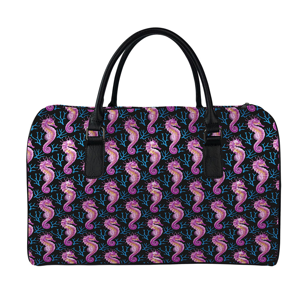 Purple Seahorse Pattern Print Leather Duffle Bag