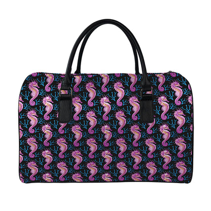 Purple Seahorse Pattern Print Leather Duffle Bag