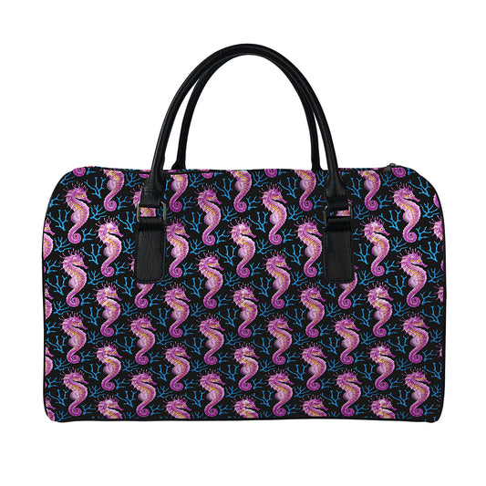Purple Seahorse Pattern Print Leather Duffle Bag