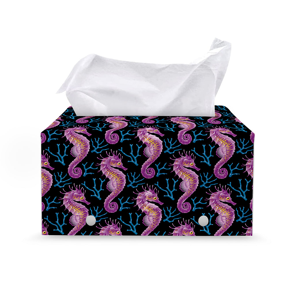 Purple Seahorse Pattern Print Leather Tissue Box Cover