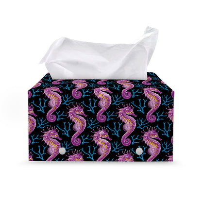 Purple Seahorse Pattern Print Leather Tissue Box Cover