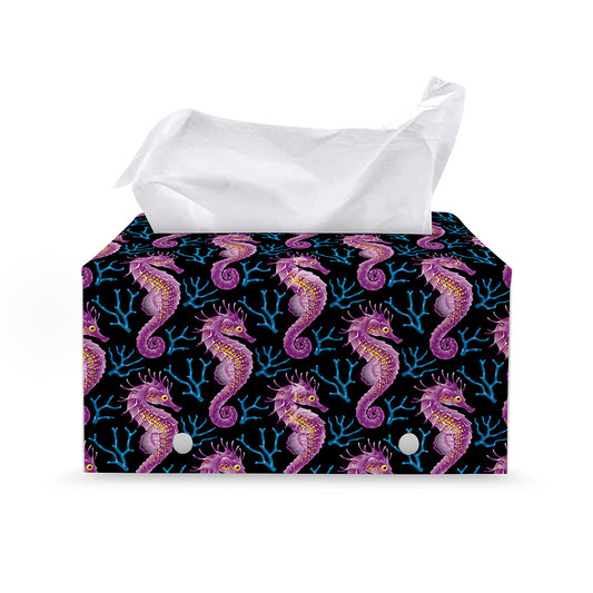 Purple Seahorse Pattern Print Leather Tissue Box Cover