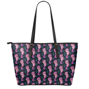 Purple Seahorse Pattern Print Leather Tote Bag