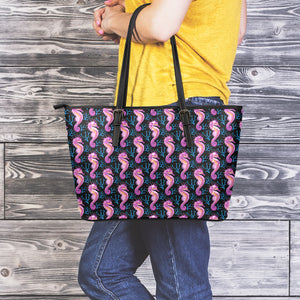 Purple Seahorse Pattern Print Leather Tote Bag