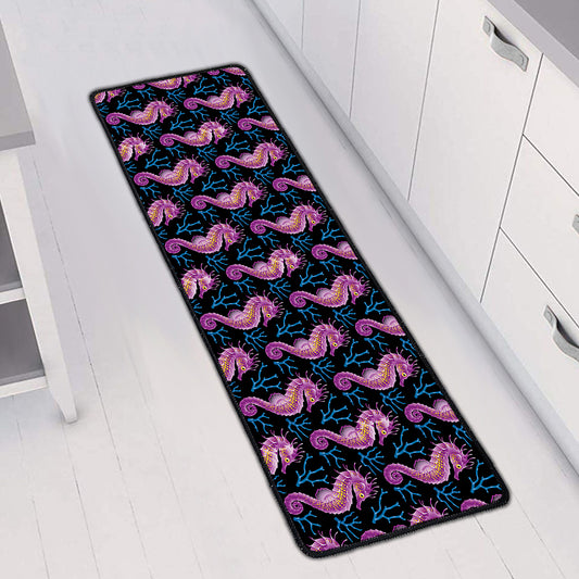 Purple Seahorse Pattern Print Long Kitchen Mat