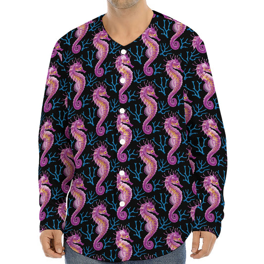 Purple Seahorse Pattern Print Long Sleeve Baseball Jersey
